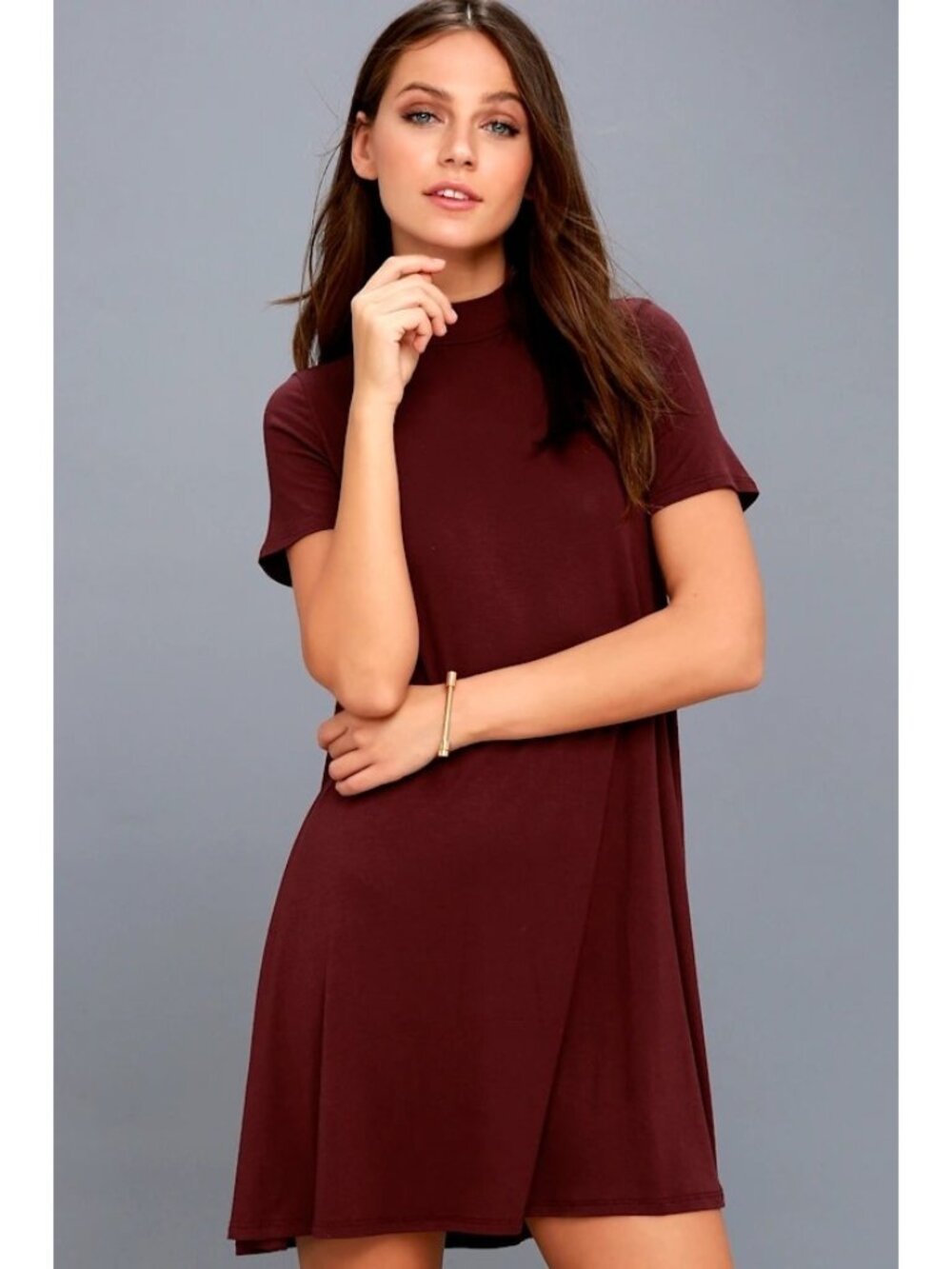 Lulus Swing Dress XS Burgundy Mock Neck Short Sleeve Made In USA